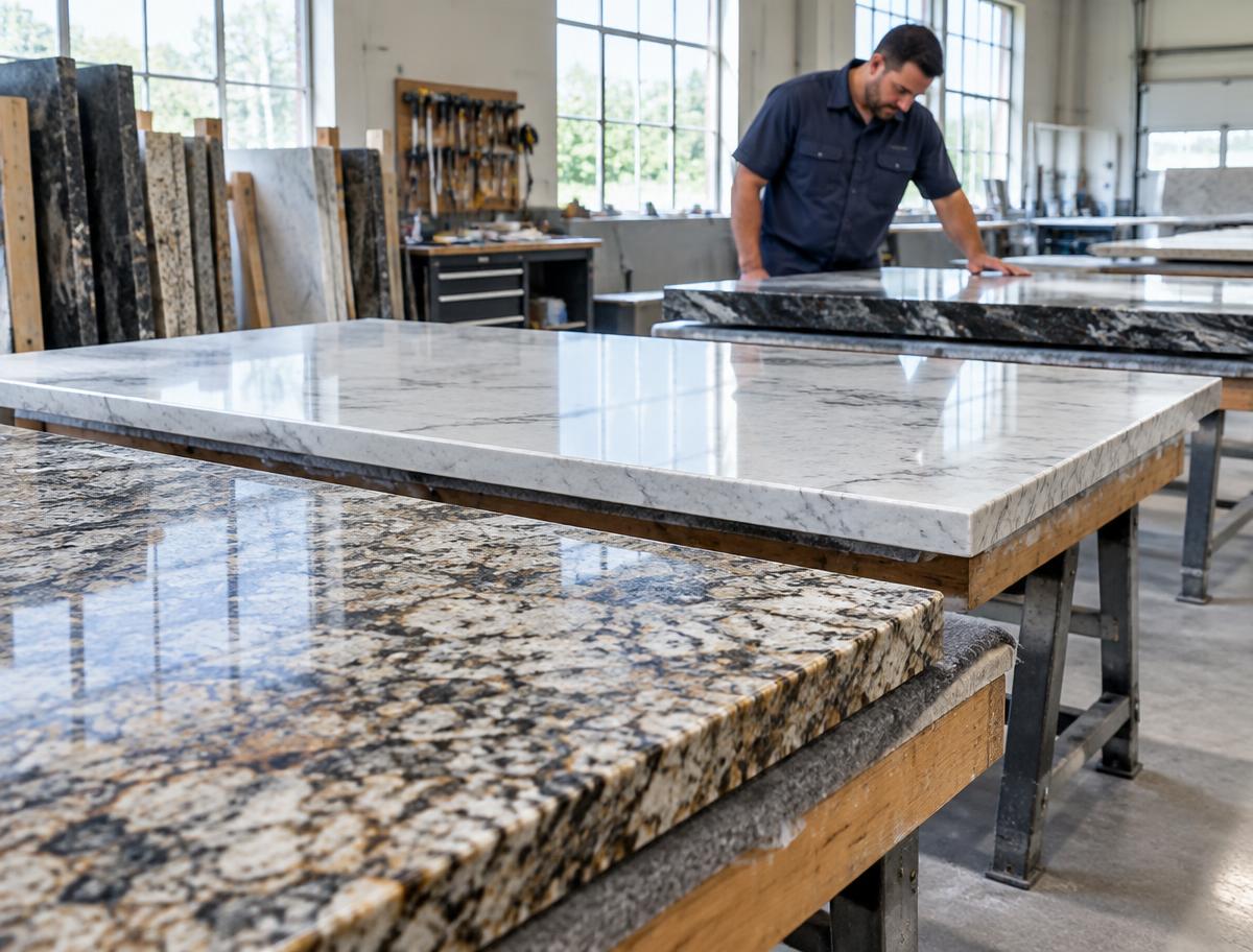 Stone slabs carefully prepared in a fabrication workshop